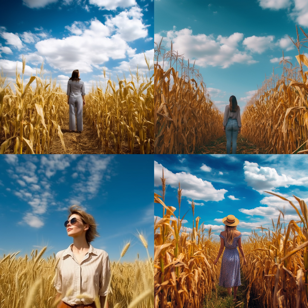 woman in a ripe cornfield with blue sky and few clouds